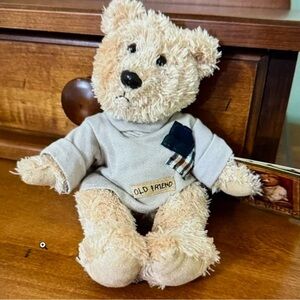 NWT Old Friend vintage Beige Stuffed Bear with plaid patch toy or room decor